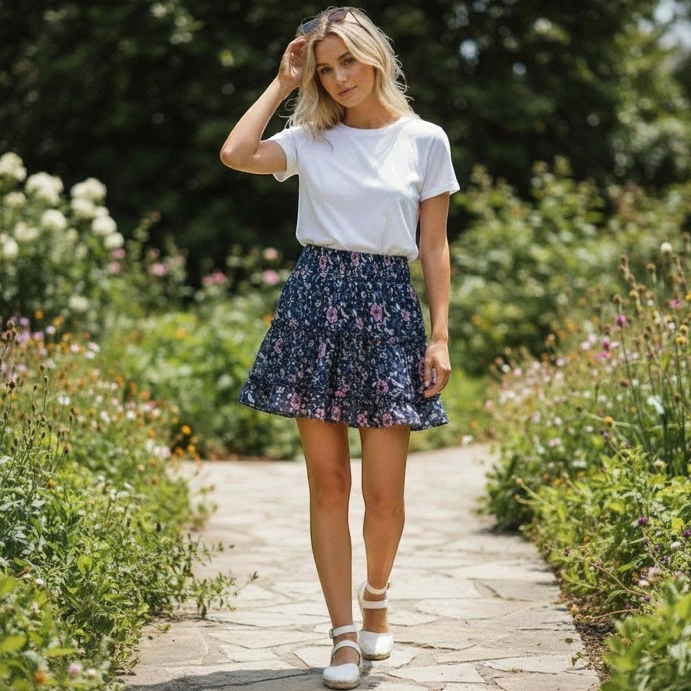Vineyard Vines Helenium Ruffle Tiered Skirt Deep Bay Floral NWT Size L